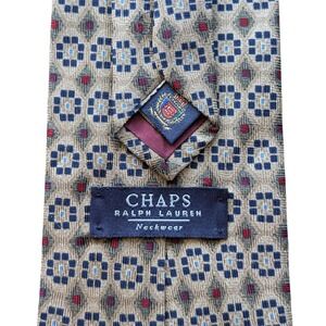 VTG Chaps Ralph Lauren Men's Silk Necktie Geometric Pattern Tan‎ Blue Red